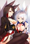  2girls akagi_(azur_lane) animal_ears anza_tomo azur_lane black_gloves black_hair black_legwear blue_eyes breasts cleavage cleavage_cutout closed_mouth eyelashes finger_to_mouth fox_ears fox_tail gloves highres kaga_(azur_lane) large_breasts leaning_forward lips looking_at_viewer multiple_girls multiple_tails off_shoulder parted_lips red_eyes short_hair sidelocks sitting skirt smile tail thigh-highs white_hair wristband 