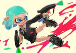  1girl bangs bike_shorts blue_eyes blue_hair blunt_bangs bow bowtie cardigan domino_mask full_body inkling long_sleeves mask paint pleated_skirt pointy_ears shoes short_hair simple_background skirt smile sneakers splat_dualies_(splatoon) splatoon striped striped_bow white_background 