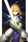  1girl ahoge armor armored_dress artoria_pendragon_(all) blonde_hair blue_dress blue_ribbon character_name copyright_name dress excalibur fate/zero fate_(series) floating_hair gauntlets green_eyes hair_between_eyes hair_ribbon highres holding holding_sword holding_weapon looking_at_viewer mizu_(dl7613) ress ribbon saber short_hair smile solo sword weapon 