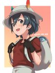  1girl backpack bag black_eyes black_gloves black_hair blush breasts bucket_hat dated food gloves hair_between_eyes hat highres japari_bun kaban_(kemono_friends) karahai_(31448823) kemono_friends looking_at_viewer red_shirt shirt short_hair small_breasts solo upper_body wavy_hair 