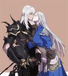  1boy 1girl armor beige_background blue_dress breastplate brown_eyes byuub closed_eyes couple cowboy_shot dress elf estinien final_fantasy final_fantasy_xiv fingerless_gloves gauntlets gloves grey_hair hair_between_eyes headwear_removed height_difference helmet helmet_removed holding holding_helmet kiss long_hair long_sleeves looking_at_another pauldrons pointy_ears scale_armor simple_background standing white_hair ysayle 