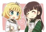  2girls :o ama_usa_an_uniform apron bangs black_hairband black_shirt blazer blonde_hair blunt_bangs blush brown_hair chibi clenched_hands closed_eyes collared_shirt commentary_request eyebrows_visible_through_hair flower gochuumon_wa_usagi_desu_ka? green_kimono grey_necktie hair_flower hair_ornament hairband hand_on_own_cheek heart jacket japanese_clothes katamari_(haruumi00) kimono kirima_sharo long_hair long_sleeves looking_at_another maid_apron multiple_girls necktie open_mouth outline pink_background pink_ribbon plaid plaid_necktie polka_dot_trim ribbon school_uniform shirt short_hair speech_bubble spoken_blush striped striped_kimono ujimatsu_chiya upper_body wavy_hair white_apron white_flower white_outline wide_sleeves wing_collar 