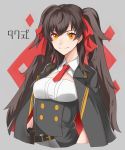  1girl argyle argyle_background bangs belt black_hair breasts character_name closed_mouth corset eyebrows_visible_through_hair girls_frontline hair_ribbon highres jacket jacket_on_shoulders long_hair looking_at_viewer nagidori necktie open_clothes open_jacket orange_eyes pouch qbz-97_(girls_frontline) red_necktie ribbon sidelocks small_breasts smile solo twintails upper_body very_long_hair 
