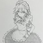  &gt;:( 1girl apron braid breasts dress gloves izayoi_sakuya looking_at_viewer maid maid_headdress medium_breasts pocket_watch short_hair sketch solo touhou traditional_media twin_braids watch yururi_nano 