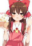  1girl apron ascot bangs blush bow bowl brown_eyes brown_hair commentary_request detached_sleeves eyebrows_visible_through_hair food food_on_face hair_between_eyes hair_bow hair_tubes hakurei_reimu highres holding holding_bowl karasusou_nano looking_at_viewer open_mouth pink_apron red_bow ribbon-trimmed_sleeves ribbon_trim rice rice_on_face sidelocks simple_background solo touhou upper_body white_background wide_sleeves 