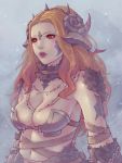  1girl au_ra breasts brown_eyes brown_hair cleavage commentary dragon_girl dragon_horns final_fantasy final_fantasy_xiv fur_collar horns jewelry lips long_hair medium_breasts navel necklace parted_lips scales solo soranamae 