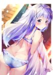  1girl :o ass back bangs bare_arms blue_bra blue_eyes blue_hair blue_panties blurry blurry_background blush bra dutch_angle frilled_panties frills from_behind gochuumon_wa_usagi_desu_ka? hair_ornament highres indoors kafuu_chino long_hair looking_at_viewer looking_back panties rouka_(akatyann) solo tareme underwear underwear_only x_hair_ornament 