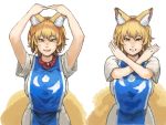  1girl :d animal_ears arms_up bangs blocking blonde_hair blush breasts chanta_(ayatakaoisii) clenched_teeth commentary commentary_request dress fox_ears fox_tail gem highres huge_breasts looking_at_viewer multiple_tails multiple_views open_mouth parted_lips short_sleeves simple_background slit_pupils smile standing tabard tail teeth touhou upper_body white_background white_dress yakumo_ran yellow_eyes 