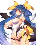  1girl asymmetrical_wings black_panties blue_hair blush breasts buttons corset detached_collar dizzy guilty_gear hair_ribbon holding_tail large_breasts long_hair navel oro_(sumakaita) panties red_eyes ribbon simple_background smile solo tail tail_ribbon twintails underwear white_background wings 