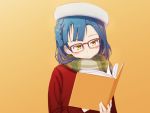  1girl bespectacled blue_hair blush book braid commentary_request fur_hat glasses gyorui_(katsuwo_drawing) hat highres idolmaster idolmaster_million_live! nanao_yuriko open_book reading scarf simple_background smile solo sweater yellow_eyes 