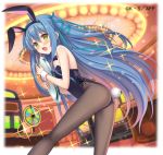  1girl ange_vierge animal_ears aqua_ribbon bangs bare_shoulders black_legwear black_leotard blue_hair blush breasts casino eyebrows_visible_through_hair from_side hair_between_eyes hair_ribbon holding holding_tray indoors leotard long_hair looking_at_viewer looking_back open_mouth pantyhose rabbit_ears ribbon sidelocks slot_machine small_breasts solo sparkle tray two_side_up very_long_hair watermark wrist_cuffs yellow_eyes yuuki_rika 