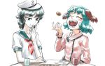  2girls animal_ears black_hair closed_eyes cup dog_ears eating green_eyes green_hair hat kasodani_kyouko meimaru_inuchiyo multiple_girls murasa_minamitsu neck_ribbon open_mouth pale_skin ribbon sailor_collar sailor_hat sharp_teeth short_hair smile teacup teeth touhou white_background 