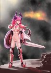  1girl absurdres armor artist_name bikini_armor black_gloves black_legwear breasts cape commentary dated elbow_gloves elizabeth_bathory_(brave)_(fate) fate/grand_order fate_(series) gauntlets gesundheit_(artist) gloves greaves grey_eyes highres horns lancer_(fate/extra_ccc) long_hair looking_to_the_side navel pauldrons pink_hair pointy_ears serious shield small_breasts solo sword tail thigh-highs tiara weapon 