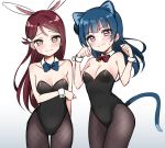  2girls animal_ears arm_at_side bangs black_legwear black_leotard blue_hair blue_neckwear blush bow bowtie breast_hold breasts bunnysuit cat_ears cat_tail cleavage clenched_hand clenched_hands clenched_teeth covered_navel cowboy_shot deadnooodles detached_collar fishnet_pantyhose fishnets frown hair_ornament hairclip hands_up highres leotard long_hair looking_at_viewer love_live! love_live!_sunshine!! medium_breasts multiple_girls pantyhose playboy_bunny_leotard rabbit_ears red_neckwear redhead sakurauchi_riko side_bun sketch strapless strapless_leotard sweatdrop tail tearing_up teeth thigh_gap tsushima_yoshiko violet_eyes white_background wrist_cuffs yellow_eyes 