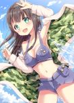  1girl :d armpits bra breasts brown_hair cleavage collarbone cowboy_shot eyebrows_visible_through_hair gochuumon_wa_usagi_desu_ka? green_eyes grey_bra grey_shorts large_breasts long_hair medium_breasts open_mouth short_shorts shorts sideboob smile solo sui-95 ujimatsu_chiya underwear 