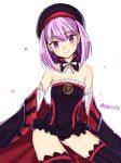  1girl bare_shoulders belt blush detached_sleeves emirio_(user_wmup5874) fate/grand_order fate_(series) flat_chest hat helena_blavatsky_(fate/grand_order) highres looking_at_viewer open_mouth purple_hair short_hair smile solo strapless thigh-highs twitter_username violet_eyes 