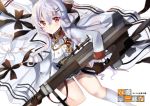  1girl aiguillette artist_name bangs black_gloves blurry blush breasts closed_mouth coat copyright_name crossed_bangs depth_of_field eyebrows_visible_through_hair girls_frontline gloves gun hair_between_eyes hair_ornament hairclip holding holding_gun holding_weapon iws-2000_(girls_frontline) jacket_on_shoulders kneehighs long_hair long_sleeves looking_at_viewer lunacats medium_breasts open_clothes open_coat red_eyes rifle silver_hair sniper_rifle solo thighs tsurime weapon white_hair white_legwear 