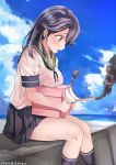  10s 1girl black_hair black_legwear black_skirt blue_sky blush breast_rest breasts brown_eyes clouds dated day from_side holding holding_weapon kantai_collection kneehighs long_hair looking_down medium_breasts ocean pier pleated_skirt school_uniform serafuku shirt short_sleeves skirt sky smoke solo tareme turret twitter_username ushio_(kantai_collection) weapon white_shirt yukiguni_yuu 