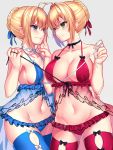  &gt;:) 2girls ahoge arm artoria_pendragon_(all) babydoll bangs bare_arms bare_shoulders black_neckwear black_ribbon blue_bikini blue_eyes blue_legwear blue_swimsuit bow braid breasts cleavage closed_mouth collarbone couple eye_contact fate/extra fate/stay_night fate_(series) female finger_to_another&#039;s_cheek finger_to_cheek frilled_bikini frilled_swimsuit frills gendo0032 green_eyes grey_background hair_intakes hair_ribbon halterneck highres holding index_finger_raised large_breasts looking_at_another medium_breasts midriff multiple_girls naughty_face navel neck panties red_bikini red_legwear red_ribbon red_swimsuit ribbon ribbon_choker saber saber_extra see-through short_hair side-by-side sideboob simple_background smile standing stomach sweat thigh-highs type-moon underwear underwear_only white_choker white_ribbon yuri 