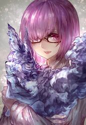  1girl animal black-framed_eyewear fate/grand_order fate_(series) fou_(fate/grand_order) grey_shirt hair_over_one_eye highres holding holding_animal looking_at_viewer purple_hair shielder_(fate/grand_order) shirt short_hair signo_aaa solo upper_body violet_eyes 