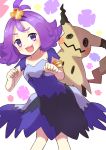  &gt;:3 &gt;:d 1girl :3 :d acerola_(pokemon) antenna_hair armlet blush commentary_request cowboy_shot dress flipped_hair floral_background hair_ornament hands_up highres leaning_forward looking_at_viewer mimikyu open_mouth pokemon pokemon_(creature) pokemon_(game) pokemon_sm purple_dress purple_hair shiny shiny_hair short_hair short_sleeves smile standing stitches tareme tsukiman violet_eyes 