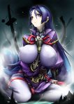  1girl absurdres between_breasts blush bodysuit breasts cleavage erect_nipples fate/grand_order fate_(series) fingerless_gloves gloves highres hiro_(yuto_noirm08) huge_breasts long_hair looking_at_viewer minamoto_no_raikou_(fate/grand_order) purple_hair solo very_long_hair violet_eyes 
