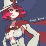  1girl absurdres blue_background blue_neckwear breasts buttons cape character_name choker cleavage_cutout english hat highres little_witch_academia long_sleeves looking_afar medium_breasts parted_lips pink_eyes pink_hair reiesu_(reis) robe shiny_chariot short_hair simple_background smile solo white_robe witch witch_hat 