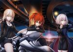  3girls ahoge artoria_pendragon_(all) belt black_dress black_jacket black_neckwear black_pants black_ribbon black_shirt black_shorts blonde_hair breasts brown_eyes brown_hair cleavage clouds dress eyebrows_visible_through_hair fate/grand_order fate_(series) formal fujimaru_ritsuka_(female) grey_shirt hair_between_eyes hair_ribbon hand_in_hair highres jacket jeanne_alter jewelry long_hair medium_breasts morokoshi_(tekku) multiple_girls necklace necktie night open_mouth outdoors pant_suit pants ponytail ribbon ruler_(fate/apocrypha) saber_alter shirt short_dress short_hair short_shorts shorts silver_hair smile suit tattoo yellow_eyes 