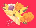  :3 :d alternate_color crepe english fang food full_body hideko_(l33l3b) looking_at_viewer looking_back no_humans open_mouth pokemon pokemon_(creature) red_background signature simple_background smile solo violet_eyes vulpix 