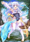  1girl :d arm_up baikamo_(flower_knight_girl) bird blue_eyes bow covered_navel crop_top detached_sleeves fish flower flower_knight_girl frilled_legwear full_body hair_bow hair_flower hair_ornament hydrokinesis jug long_hair looking_at_viewer multicolored_bow open_mouth school_swimsuit silver_hair smile solo standing swimsuit thigh-highs tree twitter_username two_side_up umarutsufuri water white_legwear 