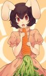  1girl animal_ears black_hair breasts buck_teeth carrot dress food food_on_face highres holding holding_food inaba_tewi looking_at_viewer medium_breasts open_mouth oversized_object pink_dress puffy_short_sleeves puffy_sleeves rabbit_ears red_eyes short_hair short_sleeves solo touhou upper_body yuusei_tsukiro 