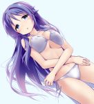  1girl atsumare!_fushigi_kenkyuubu bangs bikini blue_background blue_eyes blue_hair blush breasts collarbone eyebrows_visible_through_hair hair_flaps half-closed_eyes halter_top halterneck large_breasts long_hair looking_at_viewer lying navel on_back oohara_kotone parted_lips riki_(archf) side-tie_bikini sidelocks simple_background solo swimsuit tareme thighs very_long_hair white_bikini 