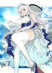  1girl ass azur_lane bangs belfast_(azur_lane) blue_eyes blush braid breasts chains cleavage collar commentary_request gloves large_breasts long_hair looking_at_viewer looking_down maid maid_headdress silver_hair solo swept_bangs thigh-highs turret white_legwear yuzuki_yuno 