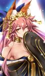  1girl animal_ears bell breasts cleavage collarbone fate/extra fate/extra_ccc fate/grand_order fate_(series) fox_ears fox_tail hair_ribbon harapeko1129 japanese_clothes large_breasts looking_at_viewer pink_hair ribbon solo tail tamamo_(fate)_(all) tamamo_no_mae_(fate) yellow_eyes 