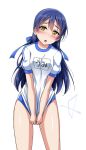  1girl :o bangs blue_hair blue_ribbon blush buruma commentary_request embarrassed gym_uniform hair_ribbon long_hair looking_to_the_side love_live! love_live!_school_idol_project name_tag open_mouth ribbon shirt_tug short_sleeves simple_background solo sonoda_umi white_background yellow_eyes yopparai_oni 