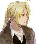  1boy blonde_hair coat edward_elric expressionless eyebrows_visible_through_hair fullmetal_alchemist long_hair looking_away male_focus ponytail riru shirt simple_background solo_focus waistcoat white_background white_shirt yellow_eyes 