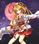  1girl absurdres blonde_hair bow chess_piece closed_mouth cropped_legs cross earrings full_moon ginnan gloves hair_bow hair_intakes highres holding jewelry kaitou_jeanne kamikaze_kaitou_jeanne kusakabe_maron long_hair looking_at_viewer magical_girl moon pleated_skirt ponytail red_bow red_eyes red_moon red_skirt skirt smile solo white_gloves 