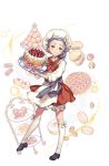  1girl apron black_footwear braid cake chef_hat cookie crown dessert food fruit full_body green_eyes hat highres looking_at_viewer macaron muffin nikki_quinnell official_art plate princess_principal princess_principal_game_of_mission purple_hair red_skirt scone shoes skirt smile standing strawberry tiered_tray waffle white_legwear 
