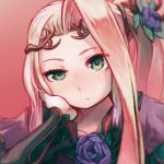  1girl blue_rose chin_rest closed_mouth commentary_request diadem flower green_eyes hair_flower hair_ornament half-closed_eye kid_icarus kid_icarus_uprising long_hair long_sleeves looking_at_viewer nachure one_side_up pink_background purple_robe reiesu_(reis) robe rose signature solo 