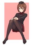  1girl brown_eyes brown_hair full_body girls_und_panzer highres invisible_chair long_sleeves looking_at_viewer nishizumi_maho no_shoes notori_d pink_background red_skirt short_hair simple_background sitting skirt solo 