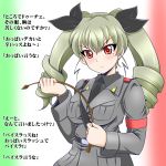  1girl anchovy anzio_military_uniform black_neckwear cowboy_shot drill_hair girls_und_panzer gradient gradient_background green_hair grey_jacket long_hair looking_at_viewer military military_uniform necktie red_eyes riding_crop rusher solo translation_request twin_drills twintails uniform 
