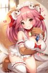  1girl :3 animal_ears apron bell bell_collar blush breast_hold breasts cisyo cleavage collar fangs fangs_out fate/grand_order fate_(series) fox_ears fox_tail hair_ribbon heart large_breasts long_hair looking_at_viewer maid_headdress naked_apron paws pink_hair ribbon solo tail tamamo_(fate)_(all) tamamo_cat_(fate) yellow_eyes 