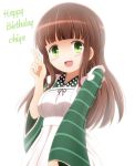  1girl :d ama_usa_an_uniform apron bangs blunt_bangs breasts brown_hair character_name commentary_request english eyebrows_visible_through_hair gochuumon_wa_usagi_desu_ka? green_eyes green_kimono happy_birthday japanese_clothes kimono long_hair long_sleeves looking_at_viewer maid_apron medium_breasts open_mouth polka_dot_trim sidelocks simple_background smile solo striped striped_kimono taka_(takalight) ujimatsu_chiya upper_body v white_apron white_background wide_sleeves 