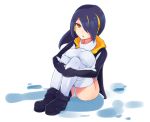  1girl black_hair breast_press emperor_penguin_(kemono_friends) hair_over_one_eye headphones kemono_friends korigitsune leotard long_hair looking_at_viewer orange_eyes simple_background solo thigh-highs white_leotard 