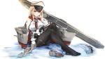  10s 1girl black_legwear blonde_hair blue_eyes breasts cape flight_deck graf_zeppelin_(kantai_collection) grandgua hat highres kantai_collection large_breasts pantyhose rigging shoes_removed smile solo turret white_background 
