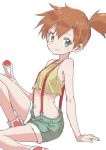  1girl absurdres arm_support blue_eyes breasts brown_hair closed_mouth crop_top highres kasumi_(pokemon) looking_at_viewer midriff navel open_fly pokemon pokemon_(anime) shoes short_hair short_shorts short_sidetail shorts simple_background sitting small_breasts smile sneakers solo suspenders white_background yamamoto_souichirou 