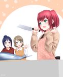  3girls apron bangs blue_eyes blush collared_shirt fish floral_print hand_up holding holding_knife hood hood_down hoodie kitchen_knife knife kurosawa_ruby long_hair long_sleeves love_live! love_live!_sunshine!! matsuura_kanan motion_lines multiple_girls open_mouth papi_(papiron100) parted_lips pink_apron ponytail purple_hair redhead shirt short_hair signature sweat sweater sweater_vest swept_bangs tareme tearing_up tears trembling turtleneck turtleneck_sweater twintails upper_body violet_eyes w_arms watanabe_you wing_collar 