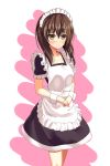  10s 1girl absurdres alternate_costume apron blush brown_eyes brown_hair enmaided hands_together highres inuikentarou kantai_collection maid maid_apron maid_headdress short_hair short_sleeves solo taihou_(kantai_collection) 