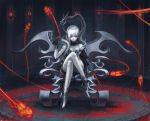  1girl armor armored_boots asymmetrical_clothes boots claws detached_sleeves fingernails grey_skin highres lantern legs_crossed mizusawa_hikaru original pointy_ears red_eyes sharp_fingernails sitting snake spirit throne white_hair 