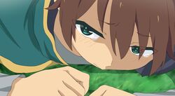  1boy brown_hair close-up green_eyes highres kawakun kono_subarashii_sekai_ni_shukufuku_wo! lying on_ground on_stomach satou_kazuma solo tearing_up 